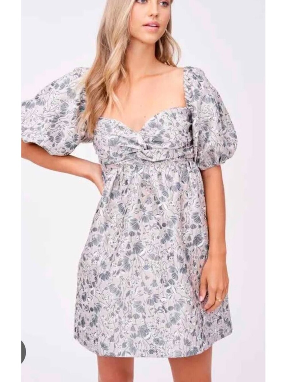 Nordstrom En Saison pink/blue Floral Jacquard Baby doll dress Puff sleeve sz M